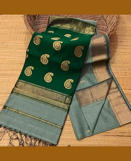 Handloom Maheshwari Saree in Soft Cotton Silk with Blouse Green