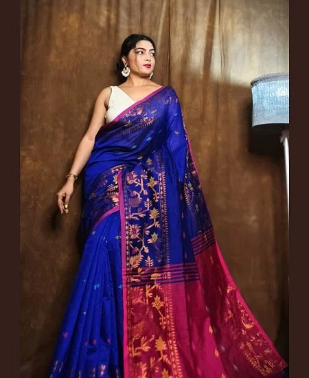 Handloom Cotton Silk Derpari Style Saree with Elegant Drape Indigo