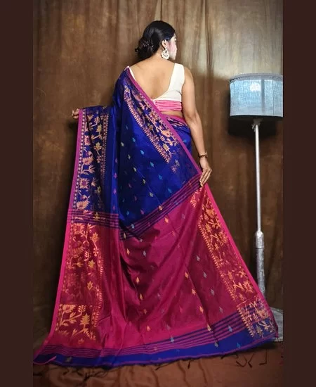 Handloom Cotton Silk Derpari Style Saree with Elegant Drape Indigo