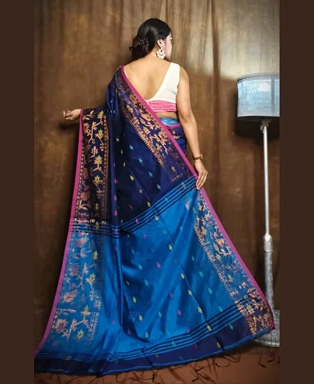 Handloom Cotton Silk Derpari Style Saree with Classic Look Navy Blue