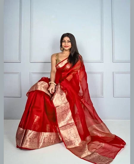 Pure Organza Banarasi Silk Saree with Timeless Grace Red