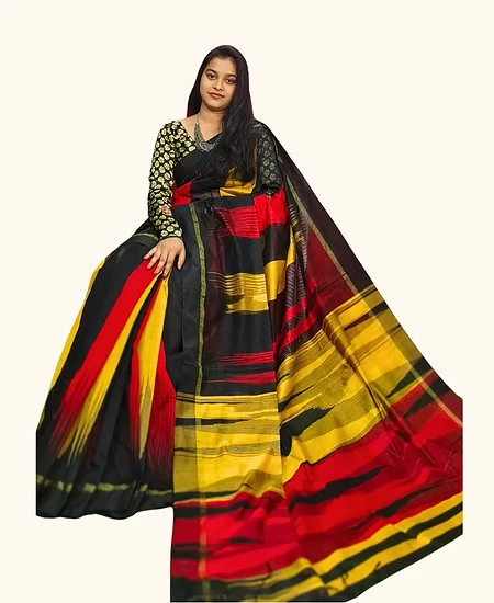 Handloom Cotton Silk Ikkat Saree Multi Colour with Timeless Weave & Blouse