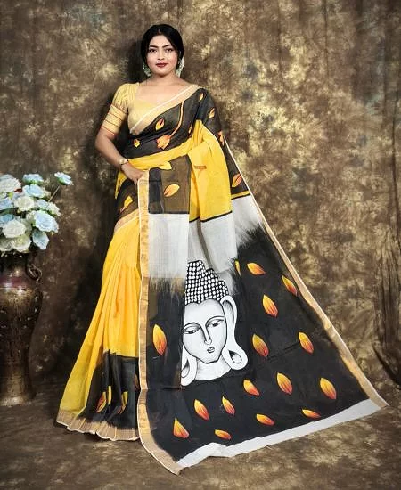 Kerala Cotton Hand Painted Saree with Artistic Handwork Yellow