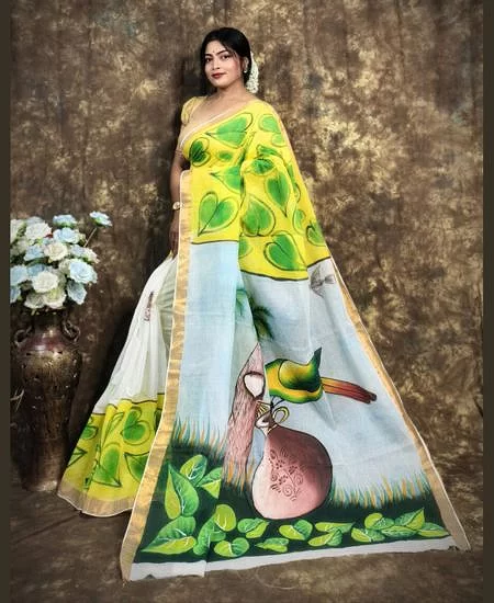 Kerala Cotton Hand Painted Saree with Timeless Art White-Yellow