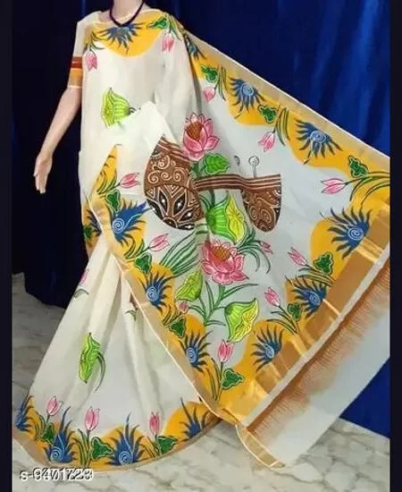 Kerala Cotton Hand Painted Saree with Handcrafted Art & Blouse White