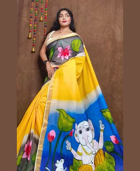 Kerala Cotton Hand Painted Saree with Tr...