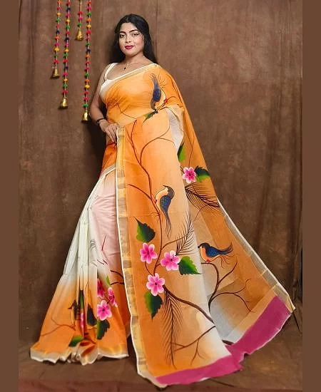 Kerala Cotton Hand Painted Saree with Artisan Touch Orange