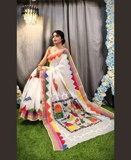 Kerala Cotton Hand Painted Saree with Handcrafted Art White