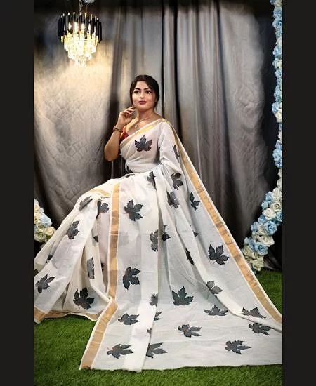 Kerala Cotton Hand Painted Saree with Un...