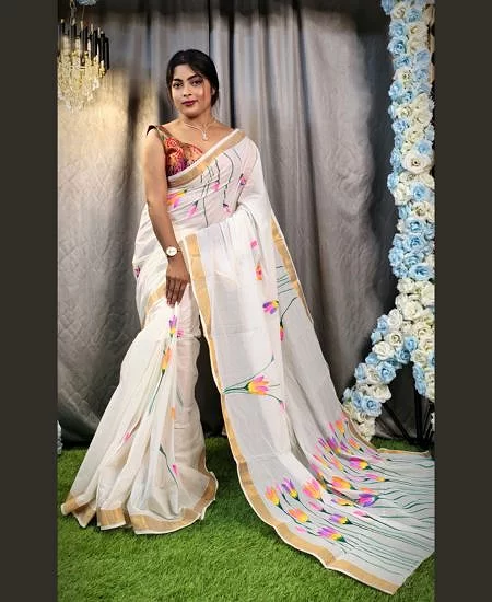 Kerala Cotton Hand Painted Saree with Ar...