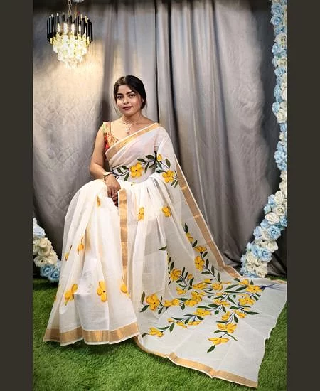 Kerala Cotton Hand Painted Saree with Traditional Art