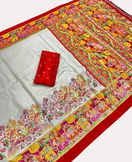 Premium Dola Silk Saree with Golden Print & Blouse White-Red