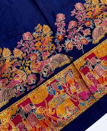 Premium Dola Silk Saree with Elegant Gold Print & Blouse Navy Blue