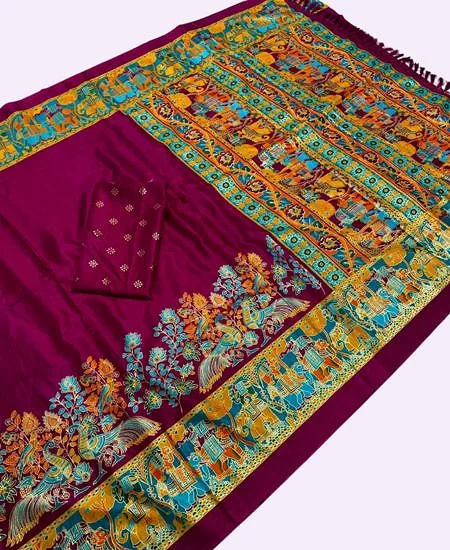 Premium Dola Silk Saree with Traditional Golden Print Wine