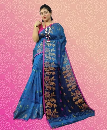 Cotton Silk Handloom Saree with Classic Zari Work & Blouse Pigeon