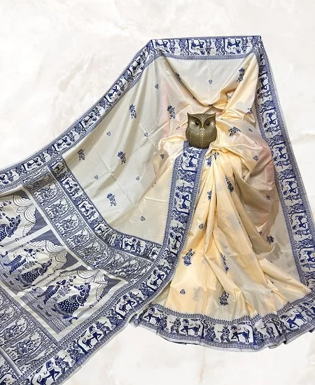 Dual Tone Bishnupuri Baluchari Silk Saree Elegant Finish Cream