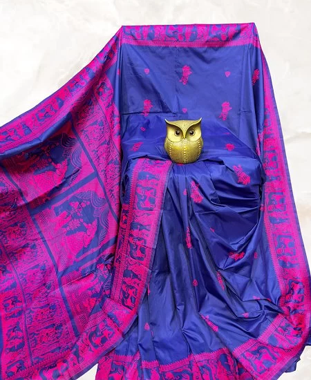 Premium Bishnupuri Baluchari Silk Saree with Blouse Indigo