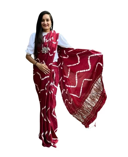 Hand Tie Dye Bandhani Printed Tassar Sar...