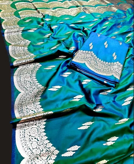 Dual Tone Pure Katan Silk Saree with Butta & Rich Pallu Blue