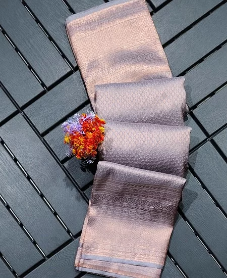 Classic Brocade Bangalore Silk Saree with Zari Border Pastel Grey