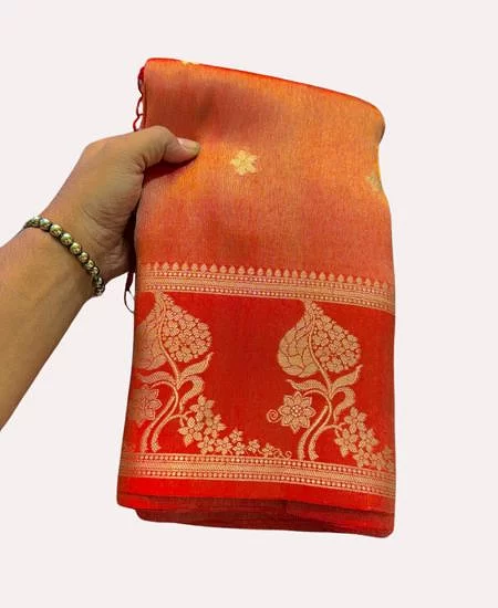 Premium Tissue Banarasi Saree with Regal Shine & Blouse Golden Red