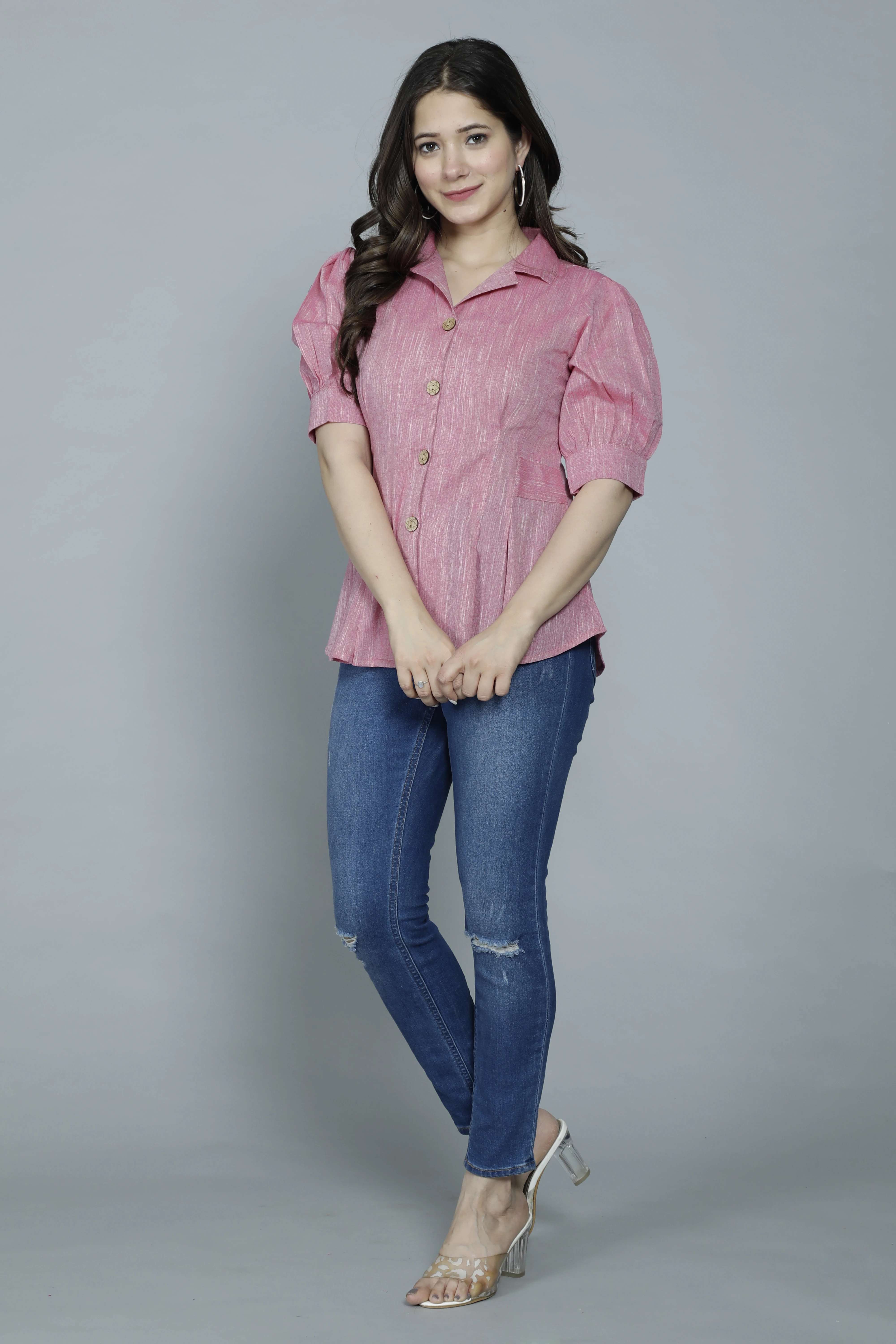 Casual Puff Sleeves Self Design Women Pink  Top