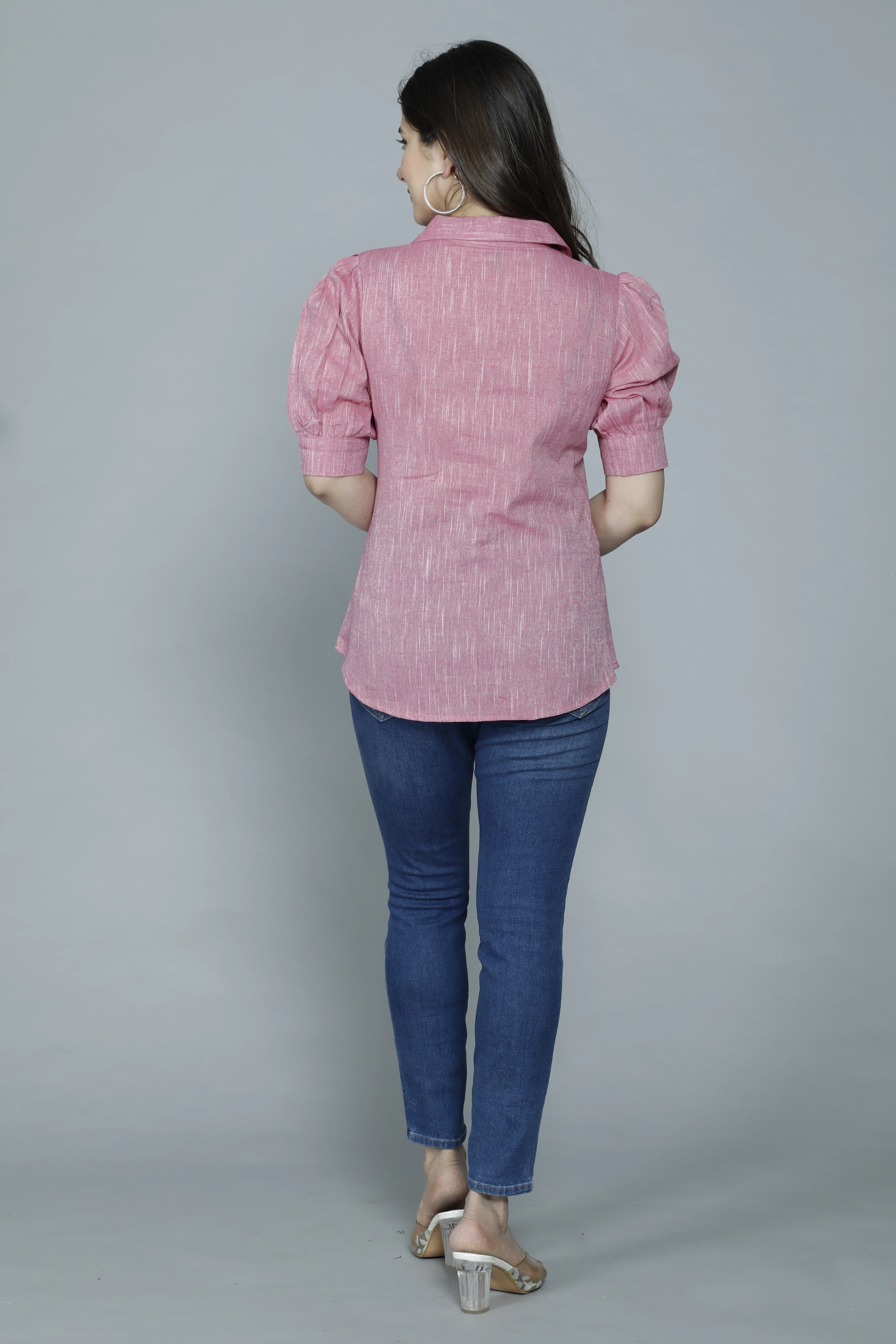 Casual Puff Sleeves Self Design Women Pink  Top