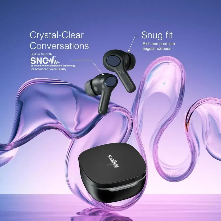 FINGERS Go-Crystal TWS Earbuds (24-Hour Playback, Built-in Mic with Surround Noise Cancellation SNC™ Technology, IPX4 Sweat Resistant, Voice Assistant Support) (Rich Black)