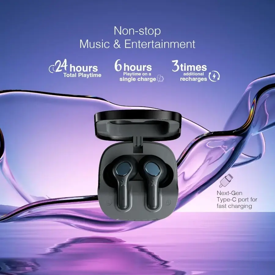 FINGERS Go-Crystal TWS Earbuds (24-Hour Playback, Built-in Mic with Surround Noise Cancellation SNC™ Technology, IPX4 Sweat Resistant, Voice Assistant Support) (Rich Black)