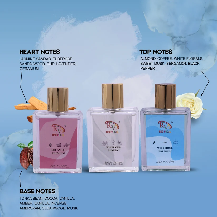 Red Vocal Bad Angel Premium (Women), White Oud Luxury (Unisex), Wild Rock Premium (Men) Eau de Parfum Combo – 3 x 100ml | Elegant & Bold Women’s Fragrance Set