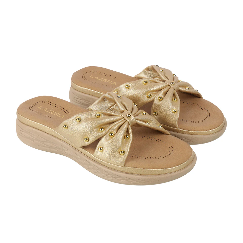 Women's Bow Design Gold Wedge Slippers