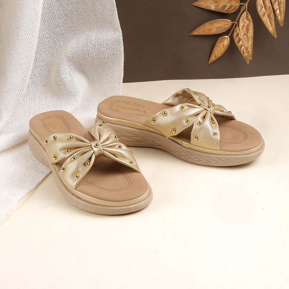 Women's Bow Design Gold Wedge Slippers
