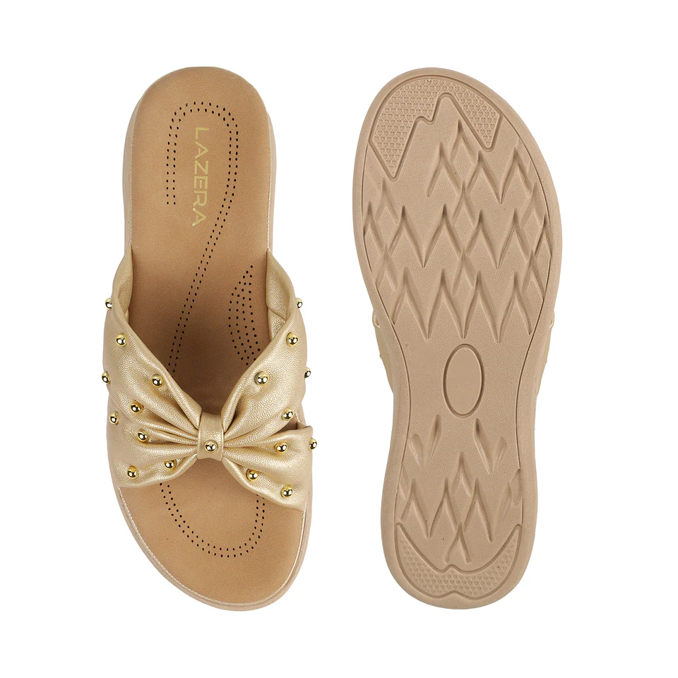 Women's Bow Design Gold Wedge Slippers