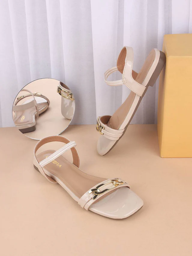 Chic Beige Strap Sandals with Gold Accen...
