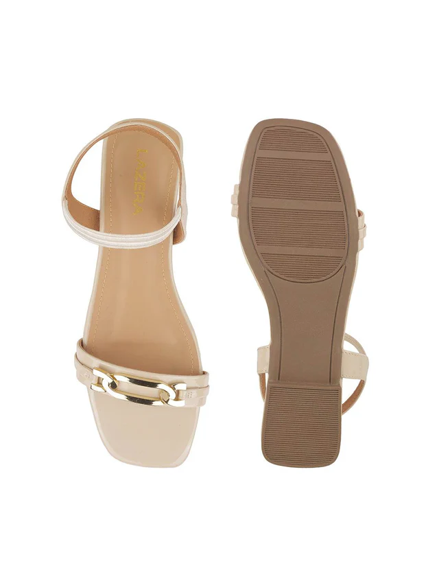 Chic Beige Strap Sandals with Gold Accent