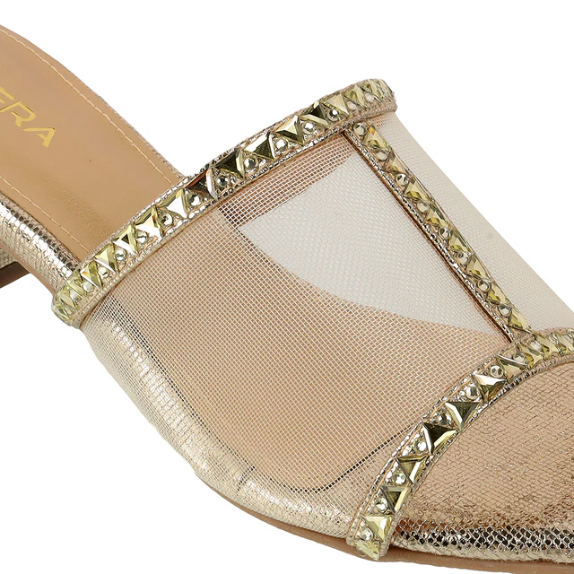 Studded Mesh Block Heel Sandals