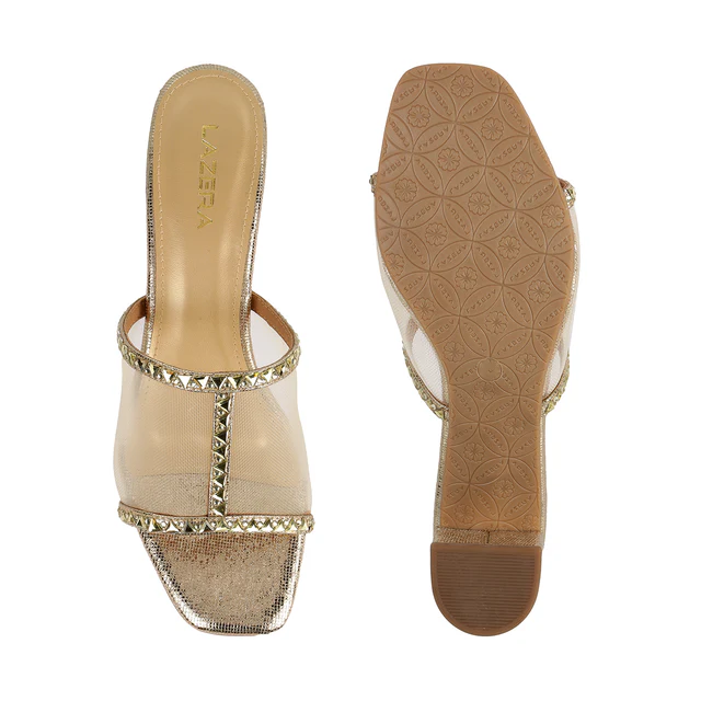 Studded Mesh Block Heel Sandals