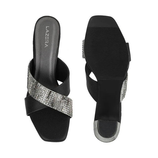 Black Cross-Strap Block Heel Sandals with Embellished Detailing