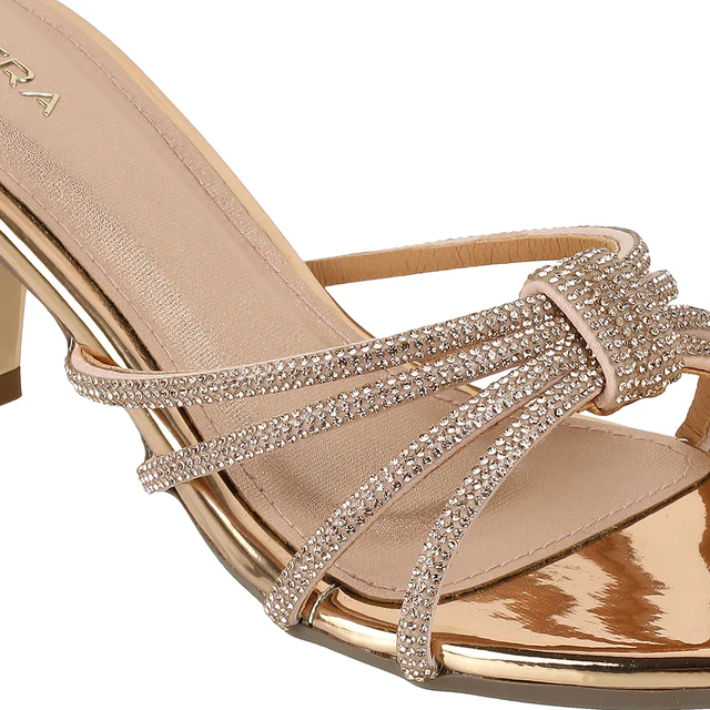 Golden Block Heel Party Sandals with Embellished Straps