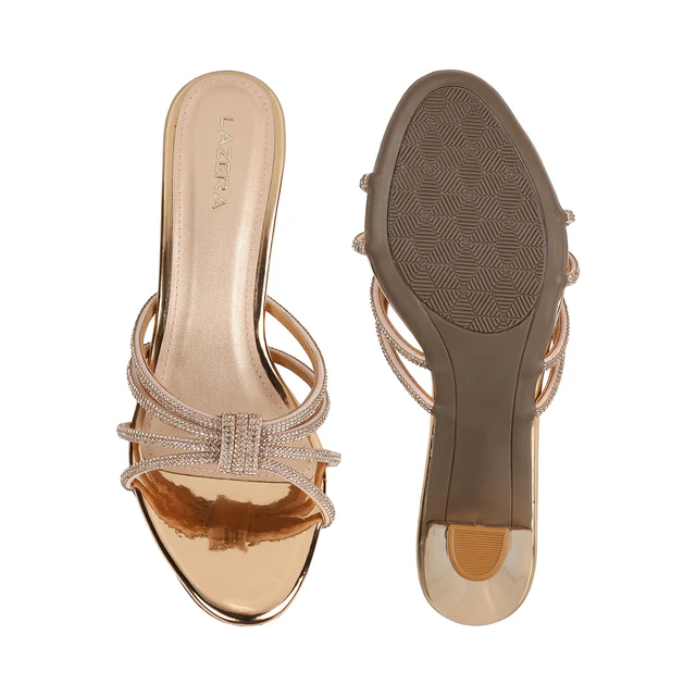 Golden Block Heel Party Sandals with Embellished Straps