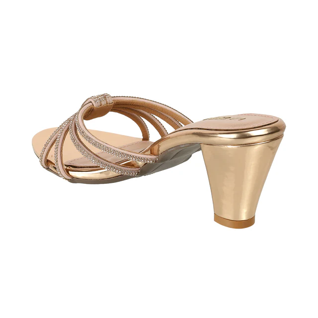 Golden Block Heel Party Sandals with Embellished Straps