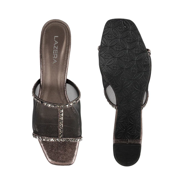 Studded Mesh Block Heel Sandals