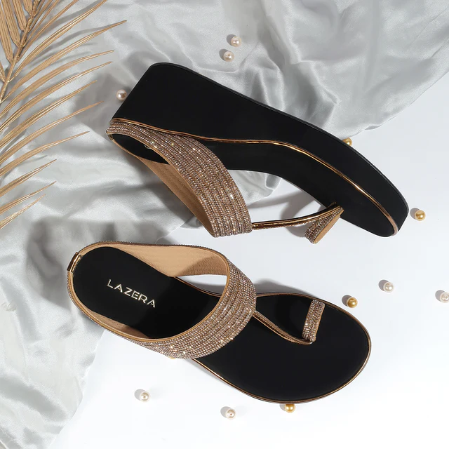 Antique Gold Embellished Wedge Sandals w...