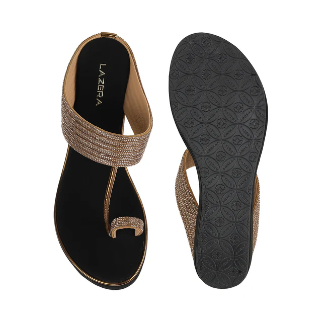 Antique Gold Embellished Wedge Sandals with Toe Ring Design