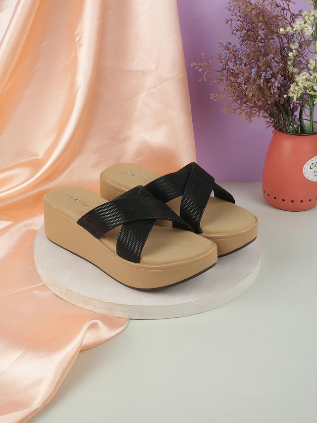 Women Black Cross-Strap Wedge Slip-Ons