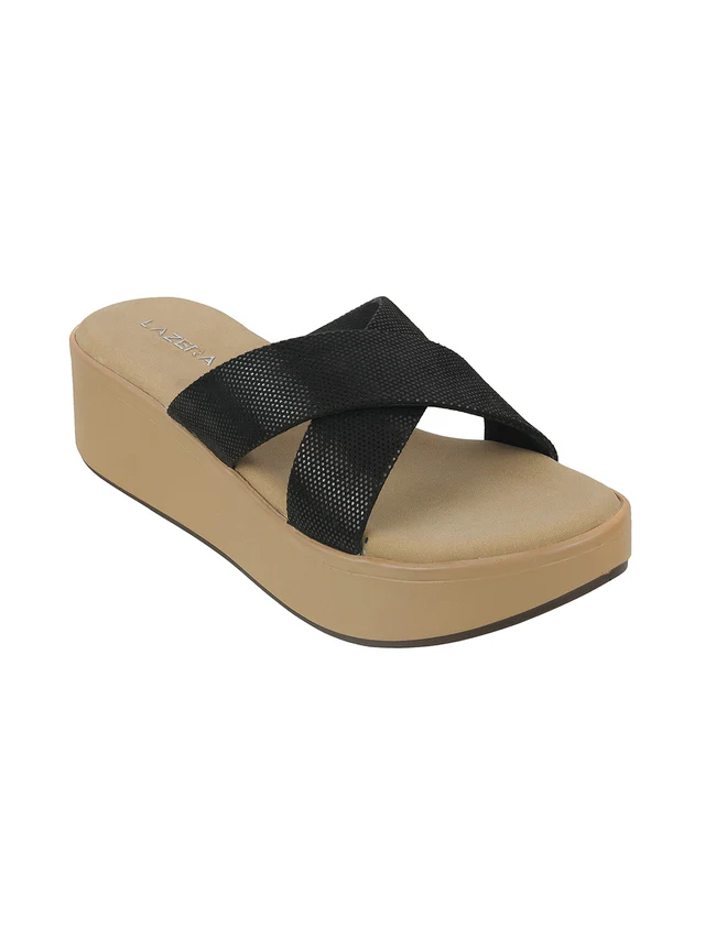 Women Black Cross-Strap Wedge Slip-Ons