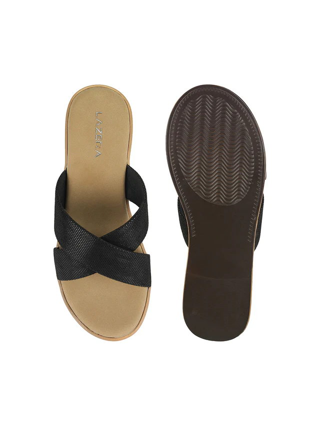 Women Black Cross-Strap Wedge Slip-Ons
