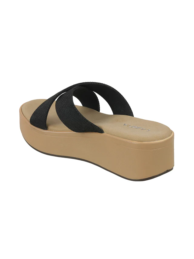Women Black Cross-Strap Wedge Slip-Ons