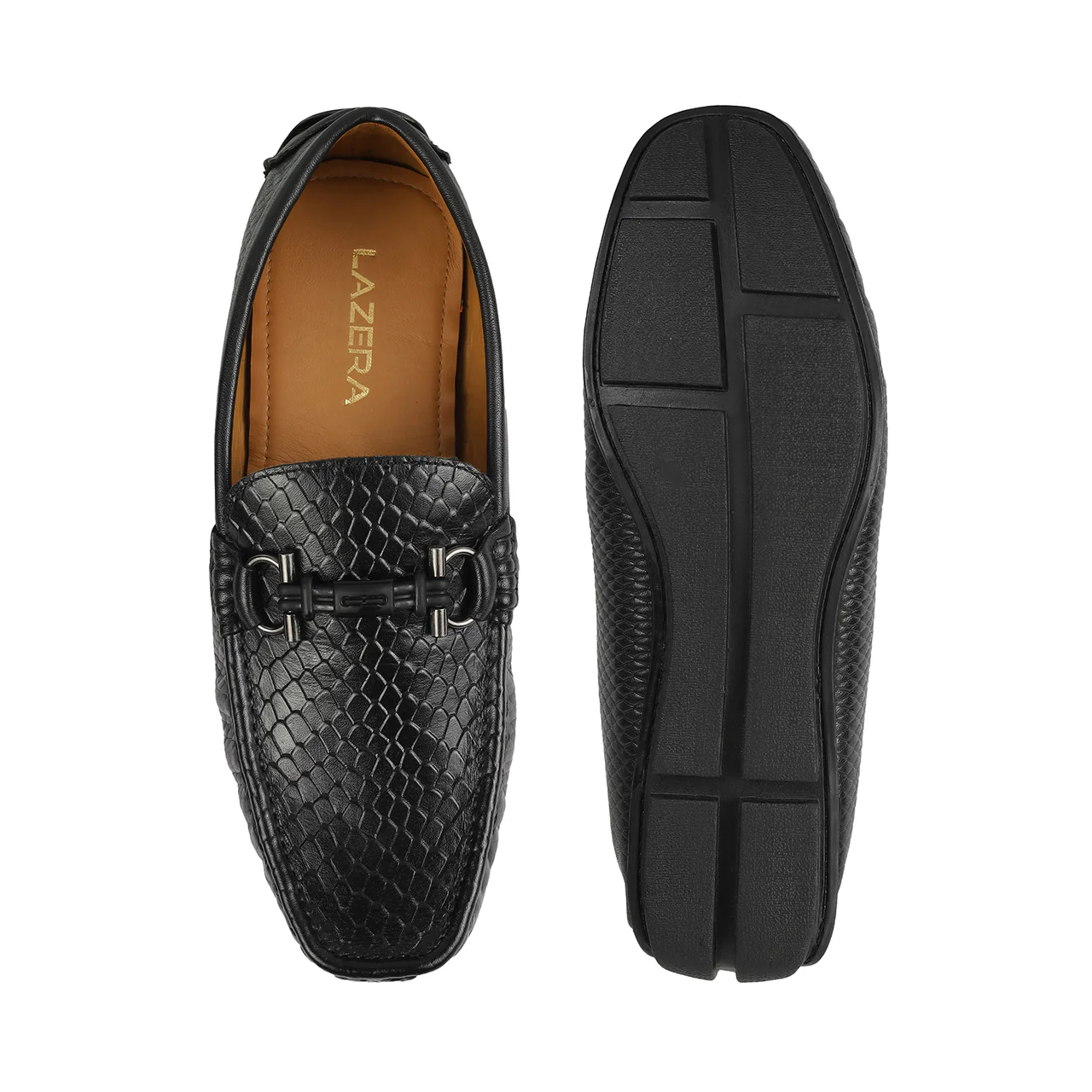 The Monarch Men’s Black Textured Faux Leather Loafers with Metal Bit