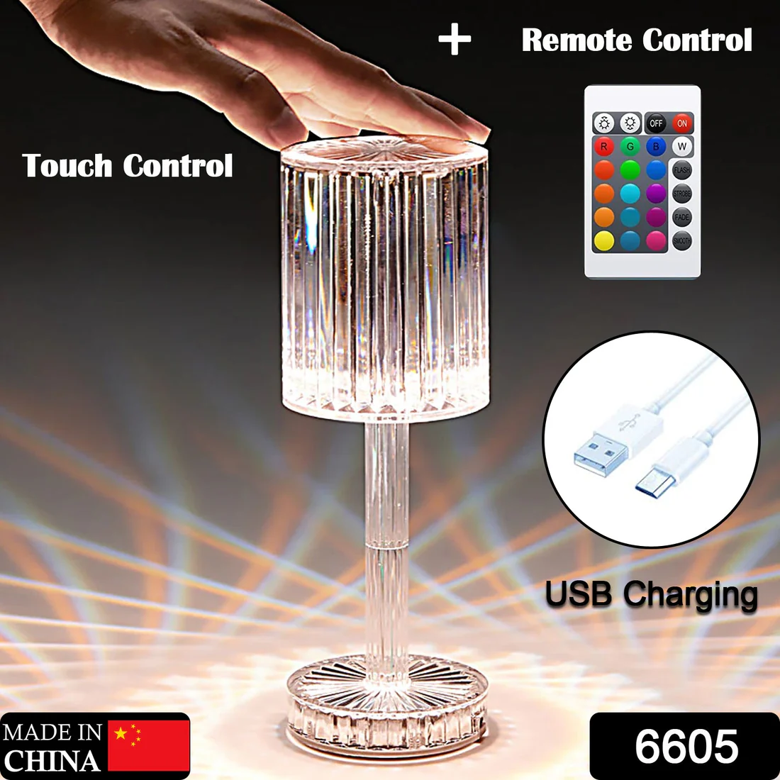 Touch Control Crystal Table Lamp with USB Charging Function